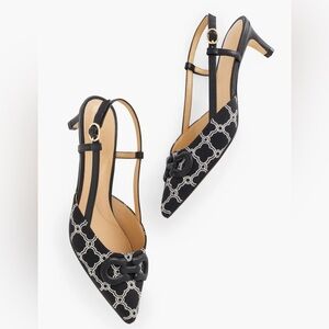 Talbots Sylas Bit Slingback Kitten Heels Black White Lattice Jacquard Size 9.5